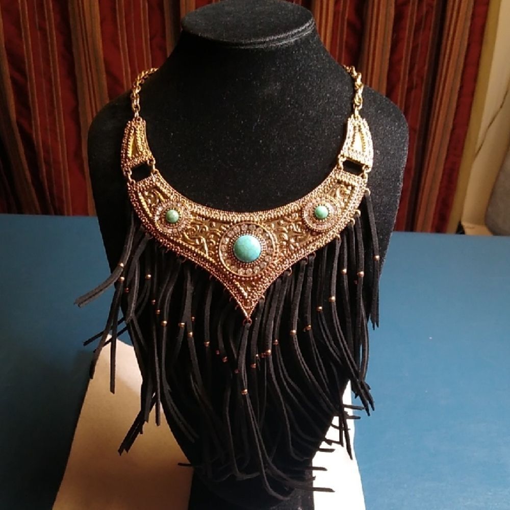 Bohemian Gold and Black Fringe Necklace Three Cabochons circled Rhinestones
